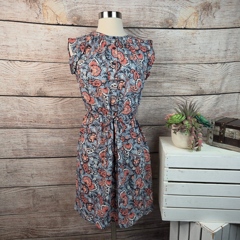 Loft Outlet Womens Floral Paisley Sleeveless Drawstring Waist Dress Blue XS NWT